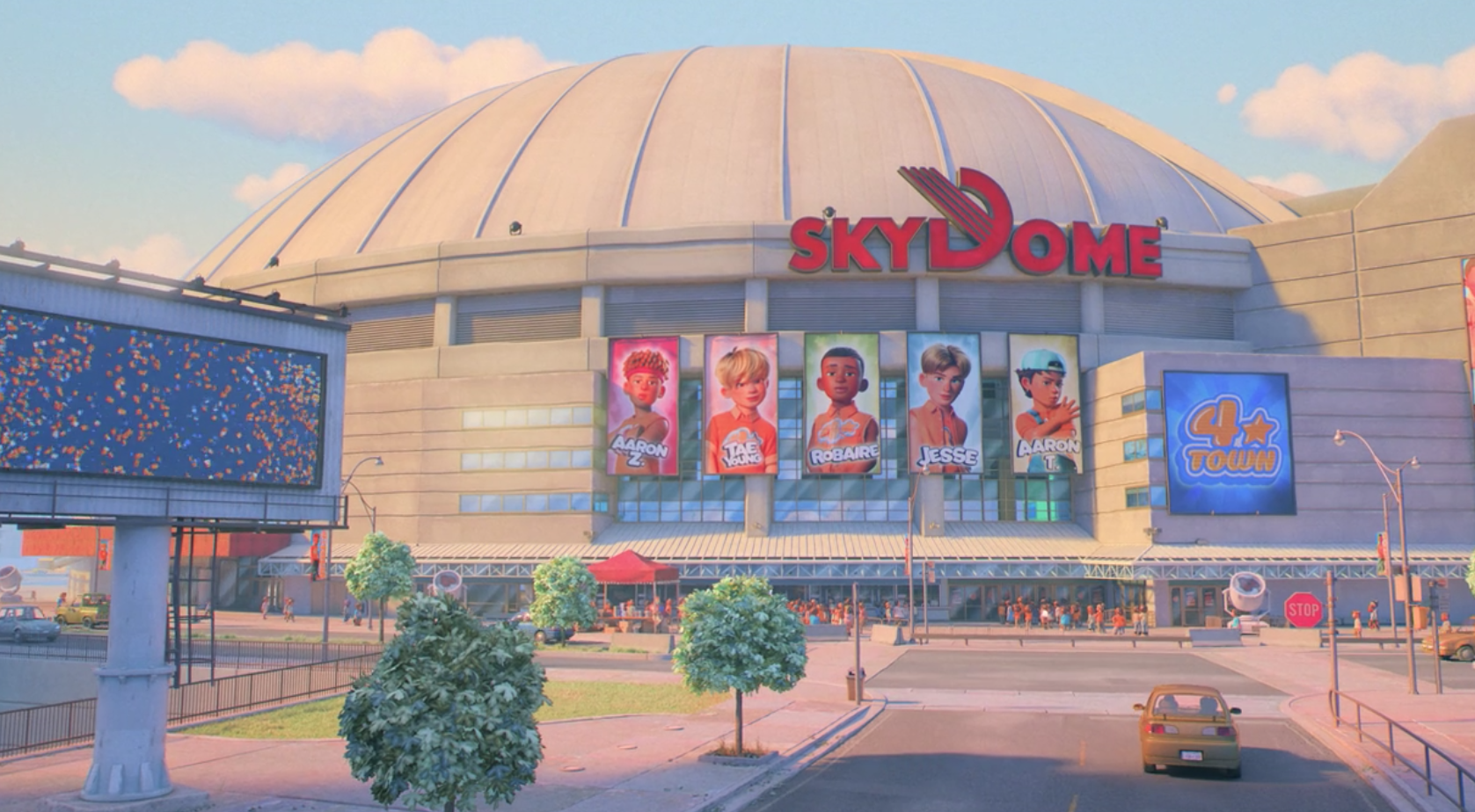 An animation of the outside of Toronto&#x27;s SkyDome where photos of the boy band &quot;4*Town&quot; hang up on the outside of the building