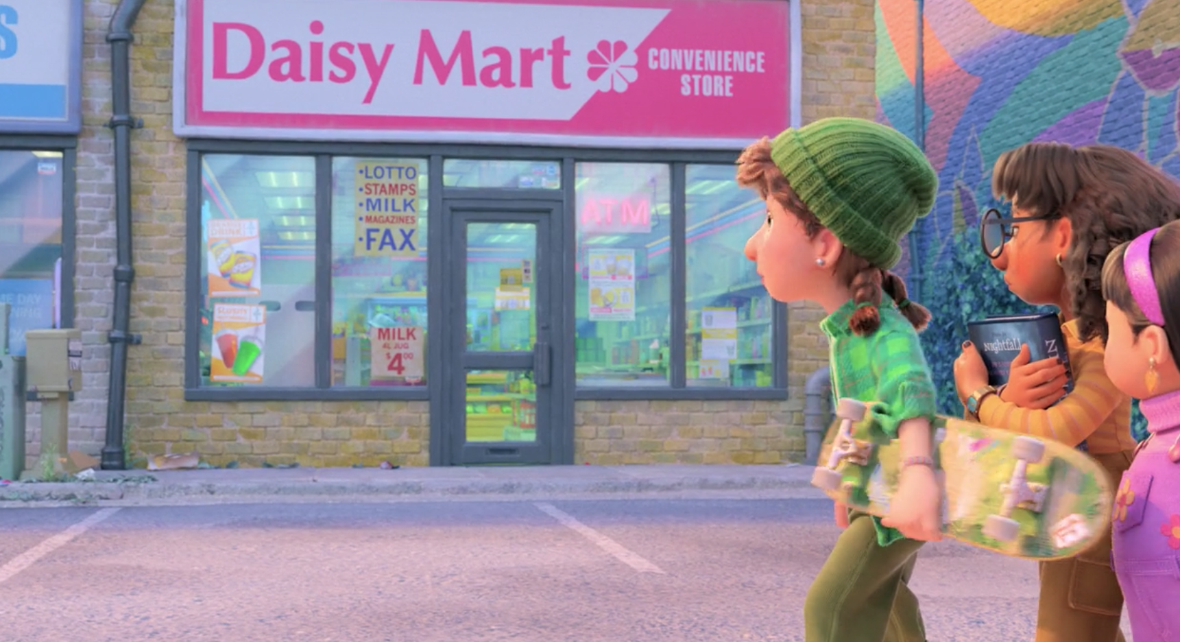 Girls in the film walk by a Daisy Mart convenience store