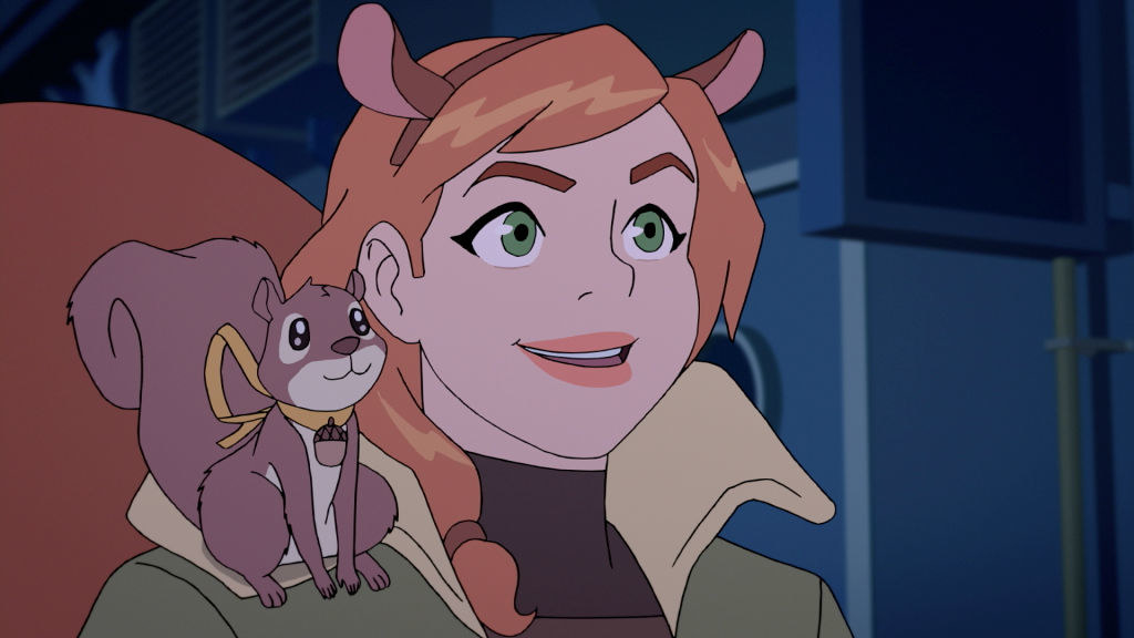 Squirrel Girl wears an ears headband and a squirrel tale, and she has a cute pet squirrel sitting on her shoulder
