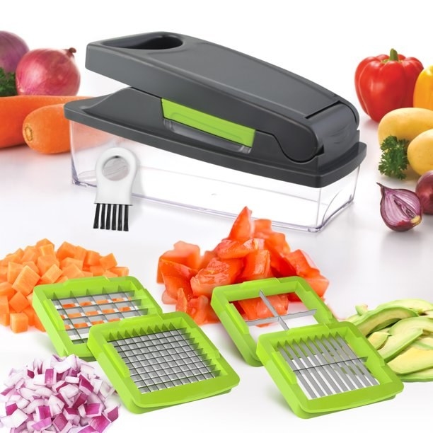 Chopper and container, slicers and chopped vegetables shown