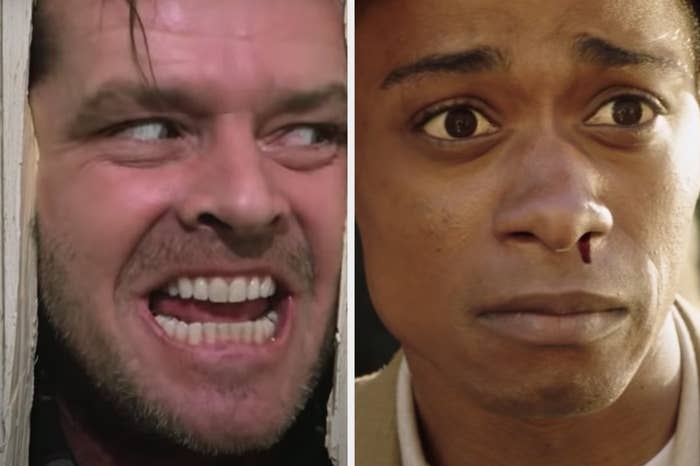 Jack poking his head through a hole in the door in "The Shining"/Andre with his nose bleeding in "Get Out"