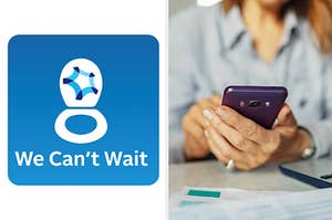 On the left is the We Can't Wait app's icon and on the right is a person on their phone