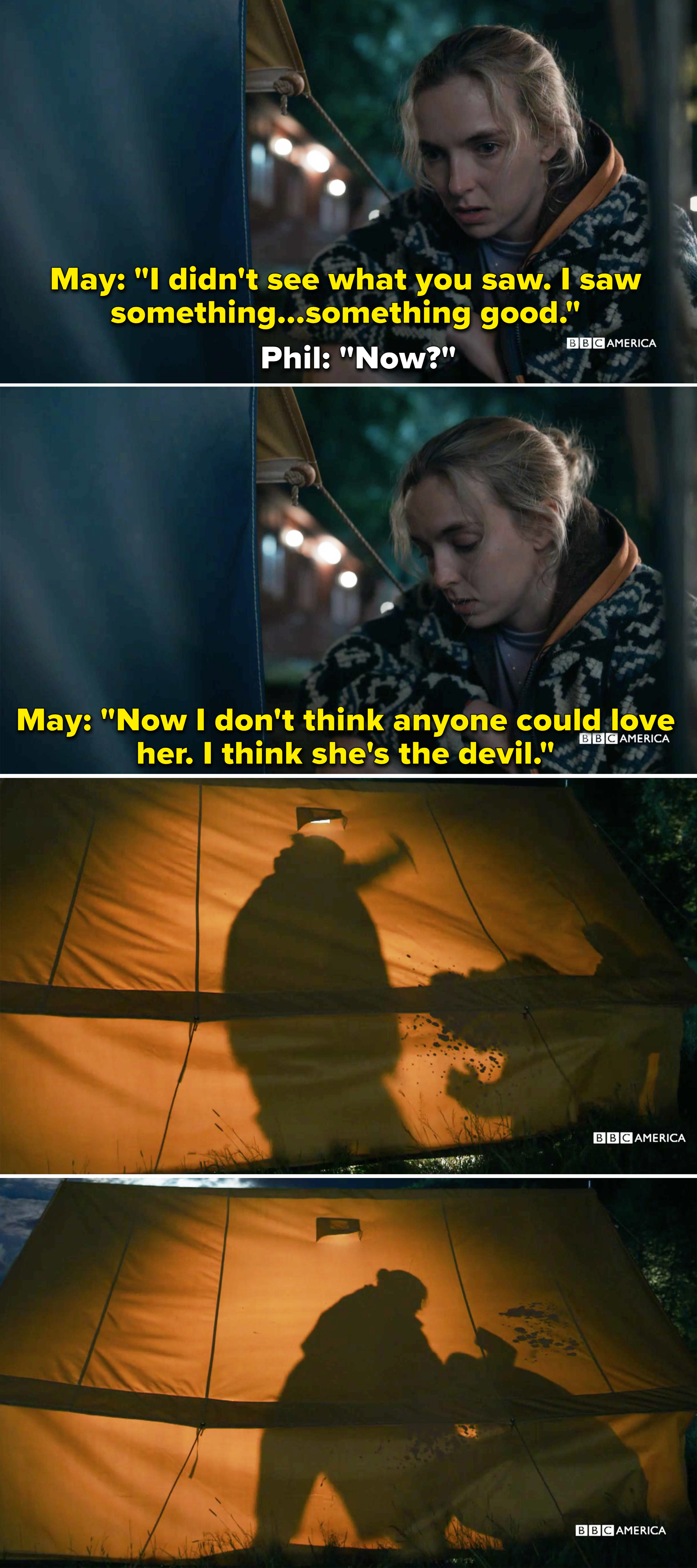 Villanelle outside a tent and overhearing May tell Paul that Villanelle is the devil