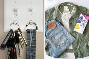 Keys placed on magnetic lightswitch attachments, and clothes with Woolite Dry Care kit