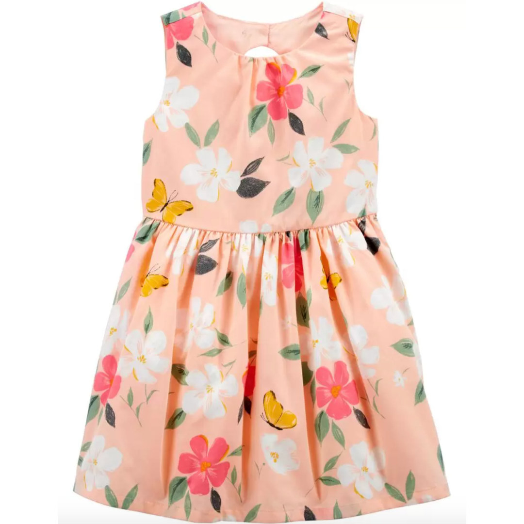a pinnk dress with florals and butterflies on it