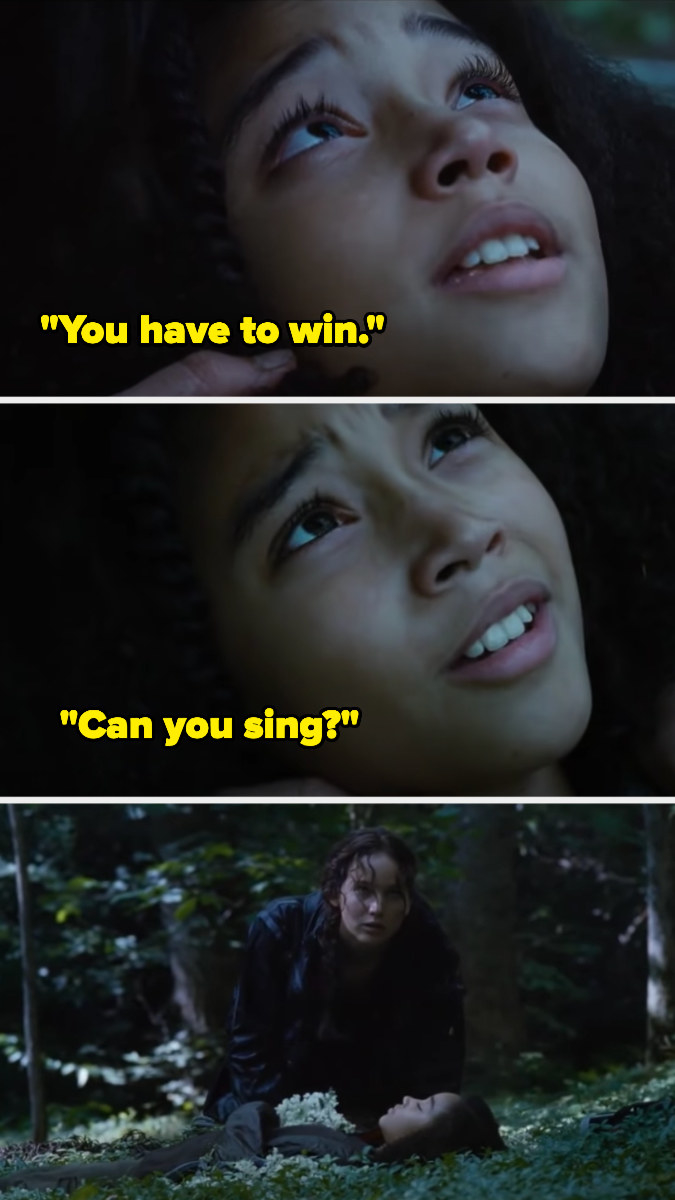 Rue asking Katniss to sing to her, then Katniss leaning over Rue&#x27;s body with flowers around it