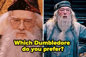 Richard Harris Dumbledore alongside Michael Gambon Dumbledore and the text: "Which Dumbledore do you prefer?"