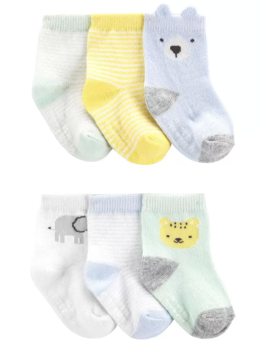 six different animal-themed socks