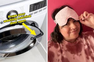 a washing machine door being propped open by a tool, and a person wearing a cooling eye mask over their forehead