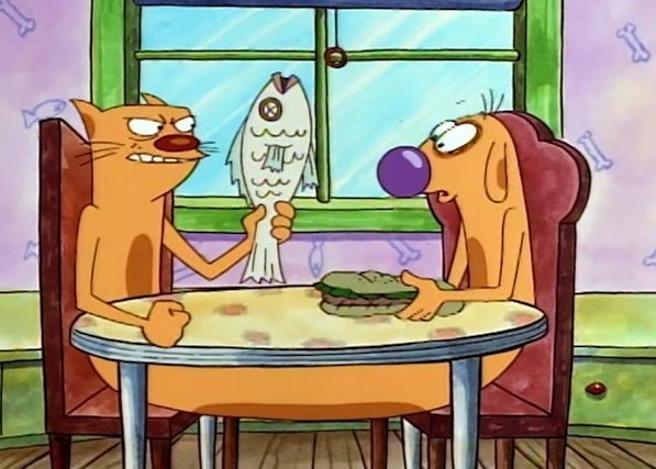 Cat and Dog eating dinner on CatDog