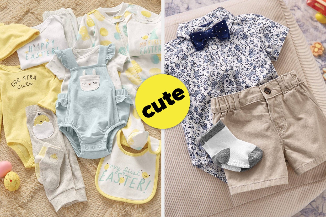 to the left: an array of easter outfits, to the right: a floral print collared shirt and tan shorts