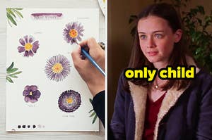 On the left, someone painting flowers, and on the right, Rory Gilmore labeled only child