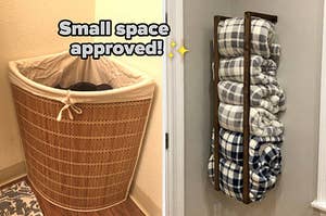 L: a reviewer photo of a corner hamper and text reading "small space approved!", R: a wall-mounted wooden rack filled with rolled-up throw blankets 