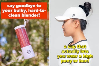 blendjet blender on the left and a cap with a high ponytail hole on the right
