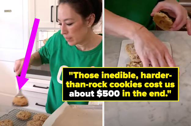 Joana Gaines putting chocolate chip cookies on a wire rack and arranging them on a platter with text: "Those inedible, harder than rock cookies cost us about $500 in the end."