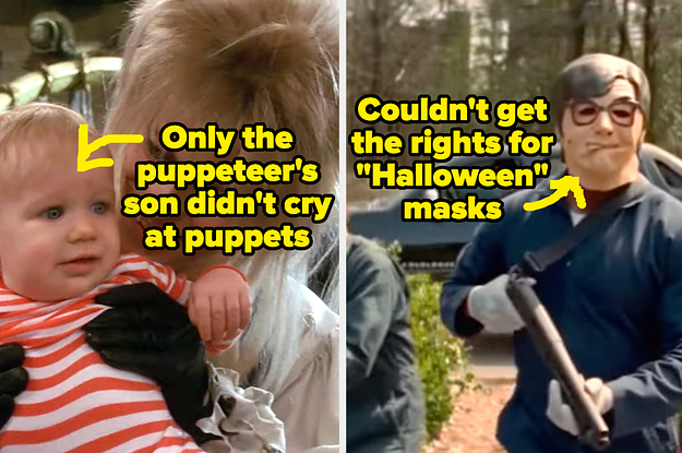 A baby with text, "Only the puppeteer's son didn't cry at puppets," and a Mike Myers mask with text, "Couldn't get the rights for Halloween masks"