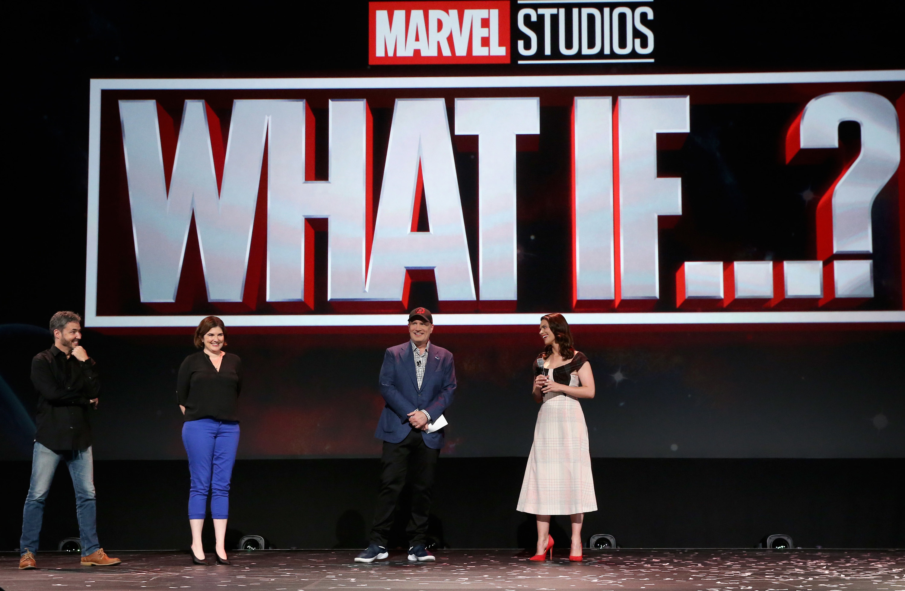 Bryan Andrews, A.C. Bradley, Kevin Feige, and Hayley Atwell in the Disney+ Showcase at the D23 EXPO
