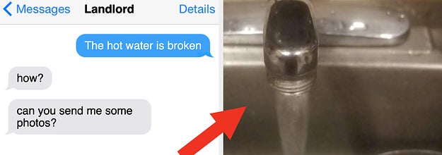 A landlord asking for photos of hot water and the tenant replying "it looks like this but it's not hot"