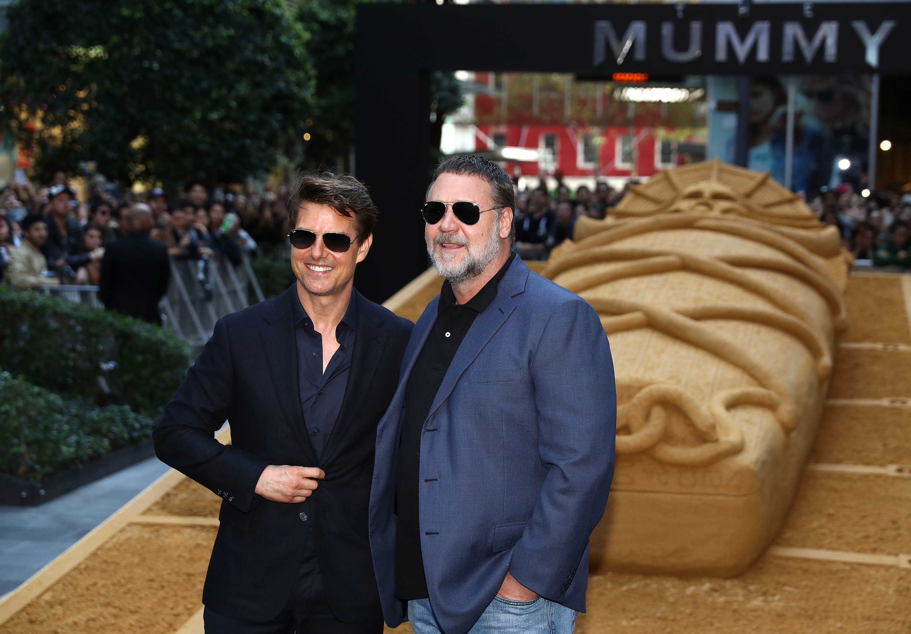 Tom Cruise and Russell Crowe at a photo call for &quot;The Mummy&quot; in Sydney, Australia in 2017