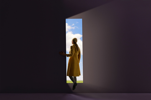 An illustration of a woman standing in a door way