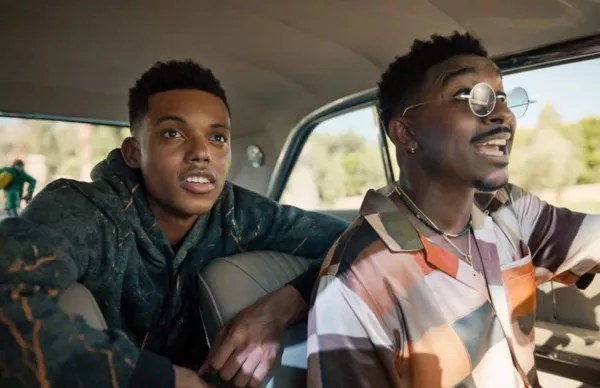 Jabari Banks as Will Smith and Jordan L. Jones as Jazz share a cab together in a still from &quot;Bel-Air&quot;