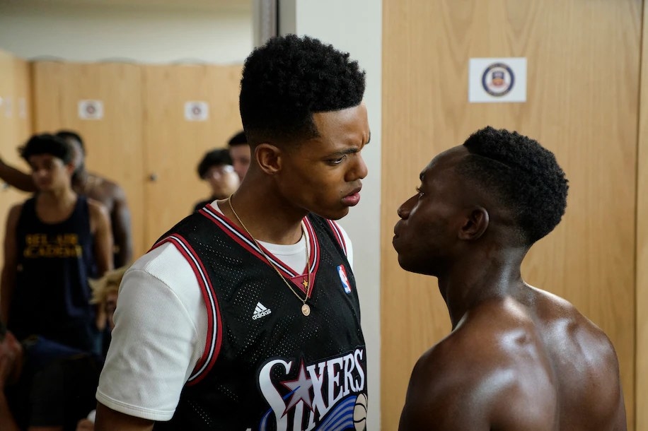 Jabari Banks as Will and Olly Sholotan as Carlton stand opposite each other in a changing room looking angry in a still from &quot;Bel-Air&quot;