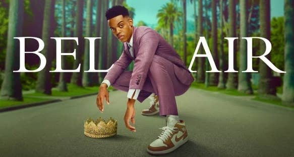 Key art from "Bel-Air" showing Jabari Banks as Will crouching down on the clean California road in a suit a crown is on the floor and text "Bel Air" is written on top