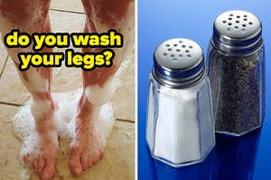 "do you wash your legs?" is written over a man in the shower with salt and pepper shakers on the right