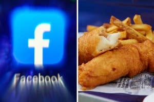 A Facebook icon is on the left with fish and chips on the right