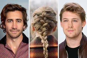 Jake Gyllenhaal is on the left with Taylor Swift in the center and Joe Alwyn on the right