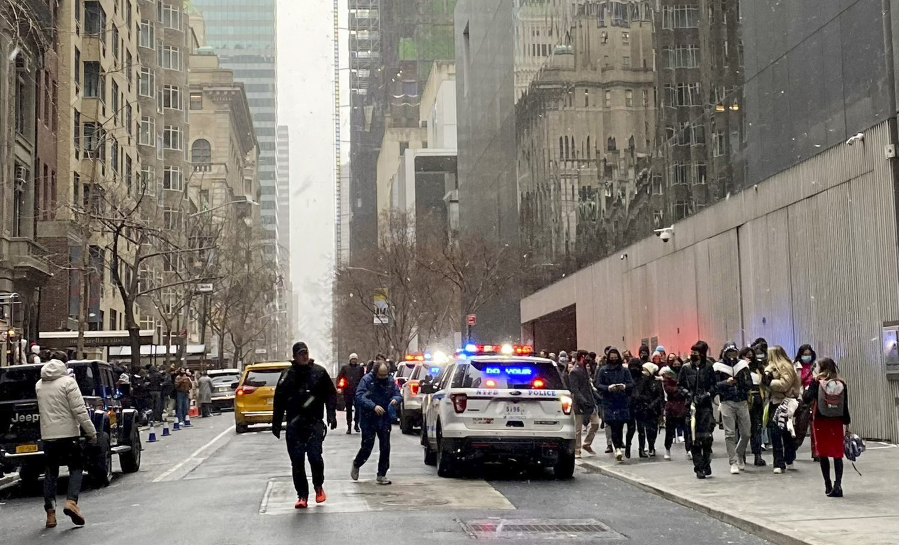 People stand together on the sidewalk with several police cars parked on the street