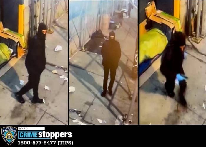 A series of photos from Crime Stoppers shows a man in a head and face covering walking down the street