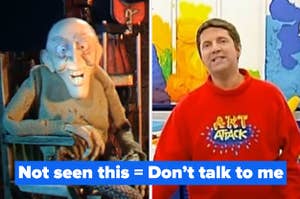 An old man character, sitting in a wooden rocking chair dressed all in beige. A man wearing a red jumper with "Art Attack" on the front. 