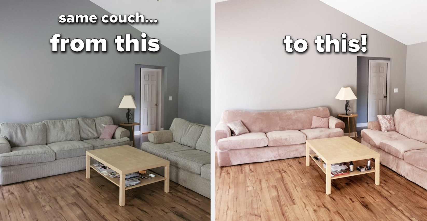 Reviewer&#x27;s photos of their couch before and after adding the slipcovers