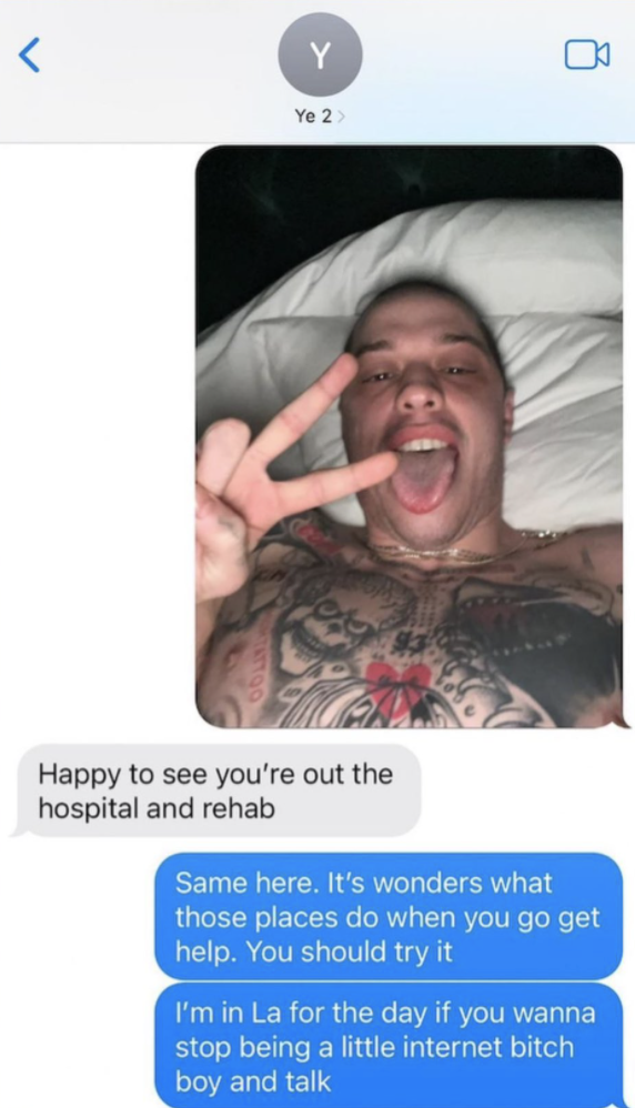 Text exchange between Pete and Kanye, including a photo of Pete in bed with his tongue out and giving the sideways peace sign