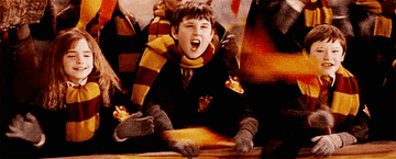 Hermione, Neville, and Seamus cheering in Gryffindor attire