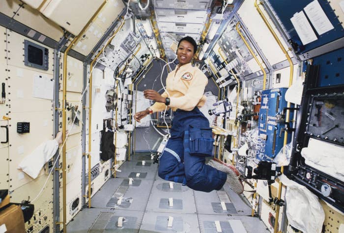 Mae Jemison floating due to the lack of gravity in her spacecraft!