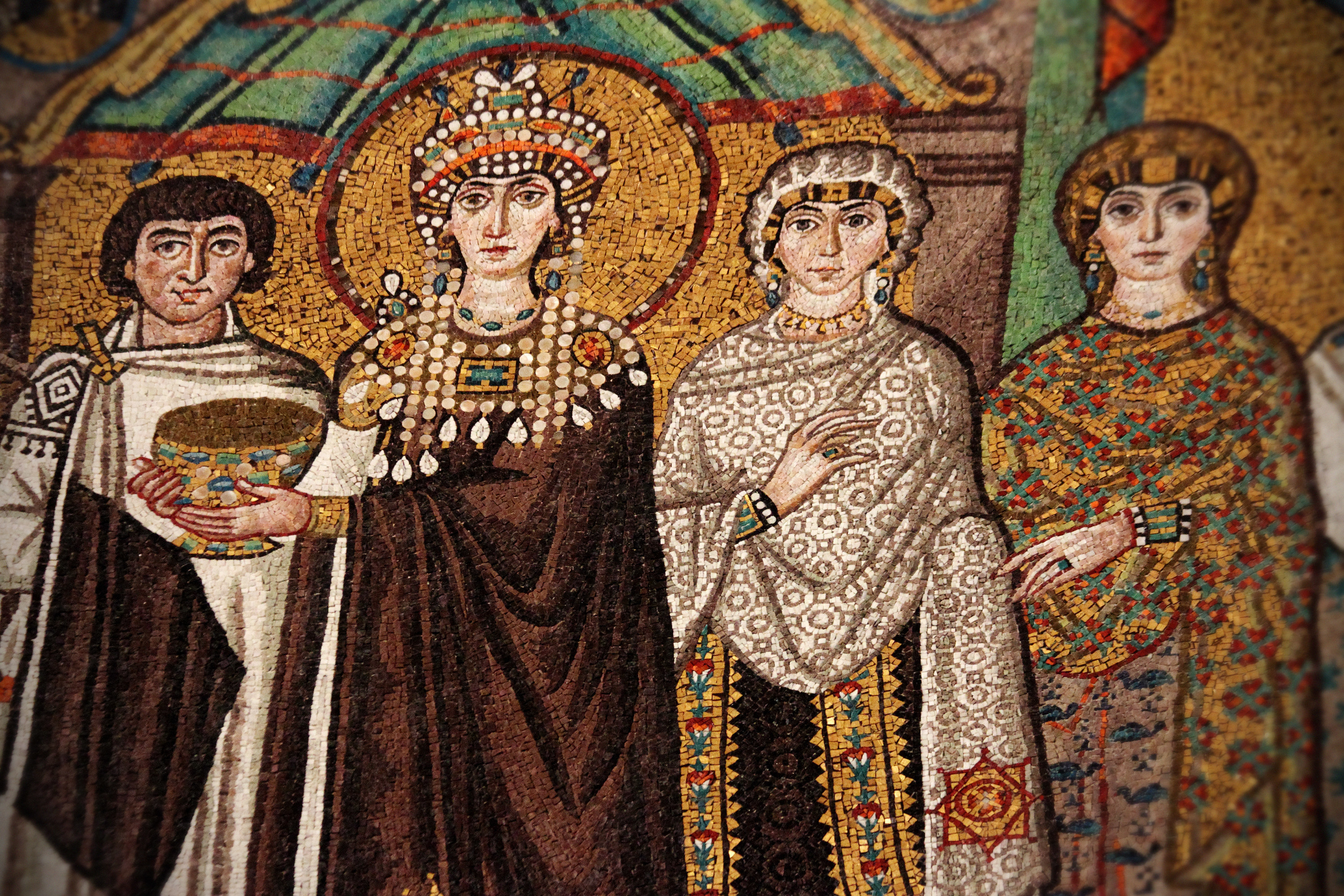Byzantine mosaic depicting Empress Theodora with chaplain and court ladies