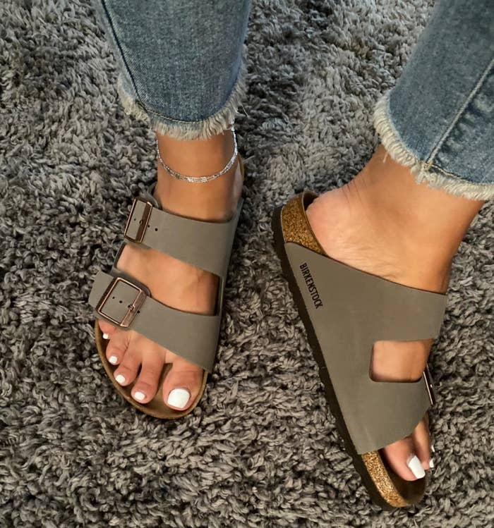 A reviewer photo of gray Birkenstock sandals