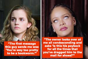 Emma Watson as Hermione Granger looks on in "Harry Potter and the Order of the Phoenix Right: Rihanna rolls her eyes in a Vogue interview 