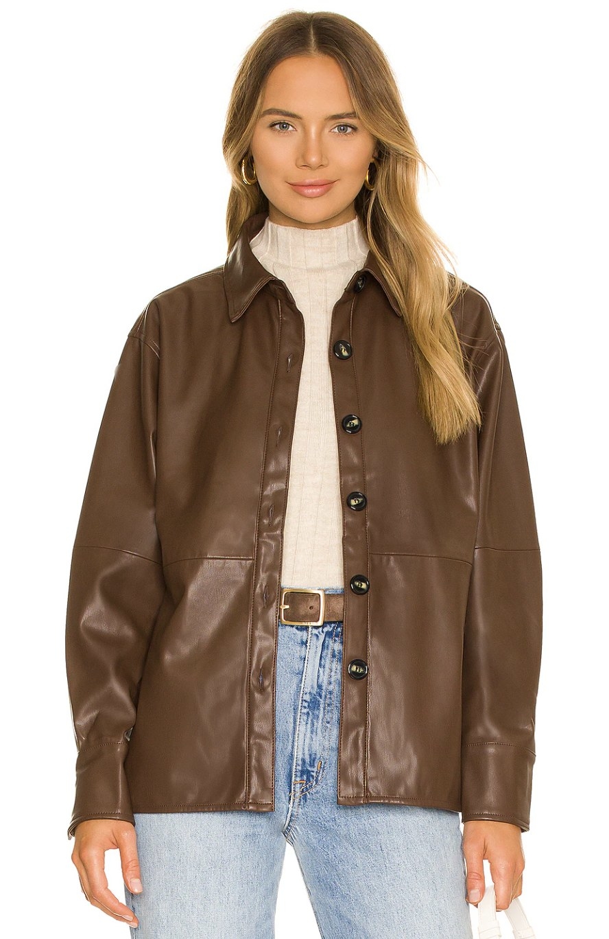 Model wearing the brown jacket with jeans