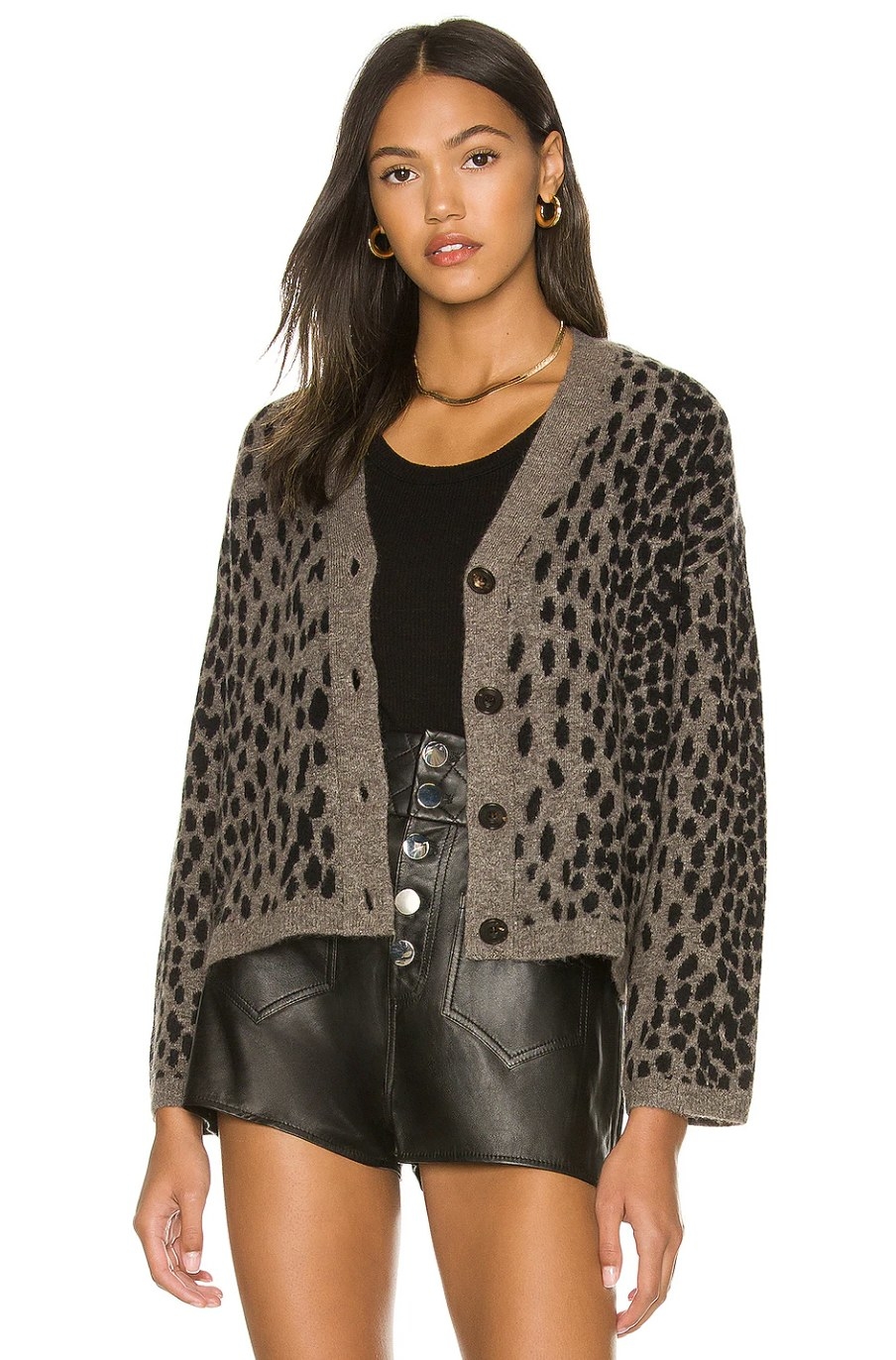 Model wearing the brown and black spotted cardigan over black tee with black leather shorts