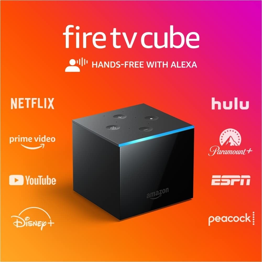 the black fire tv cube surrounded by logos of top streaming services