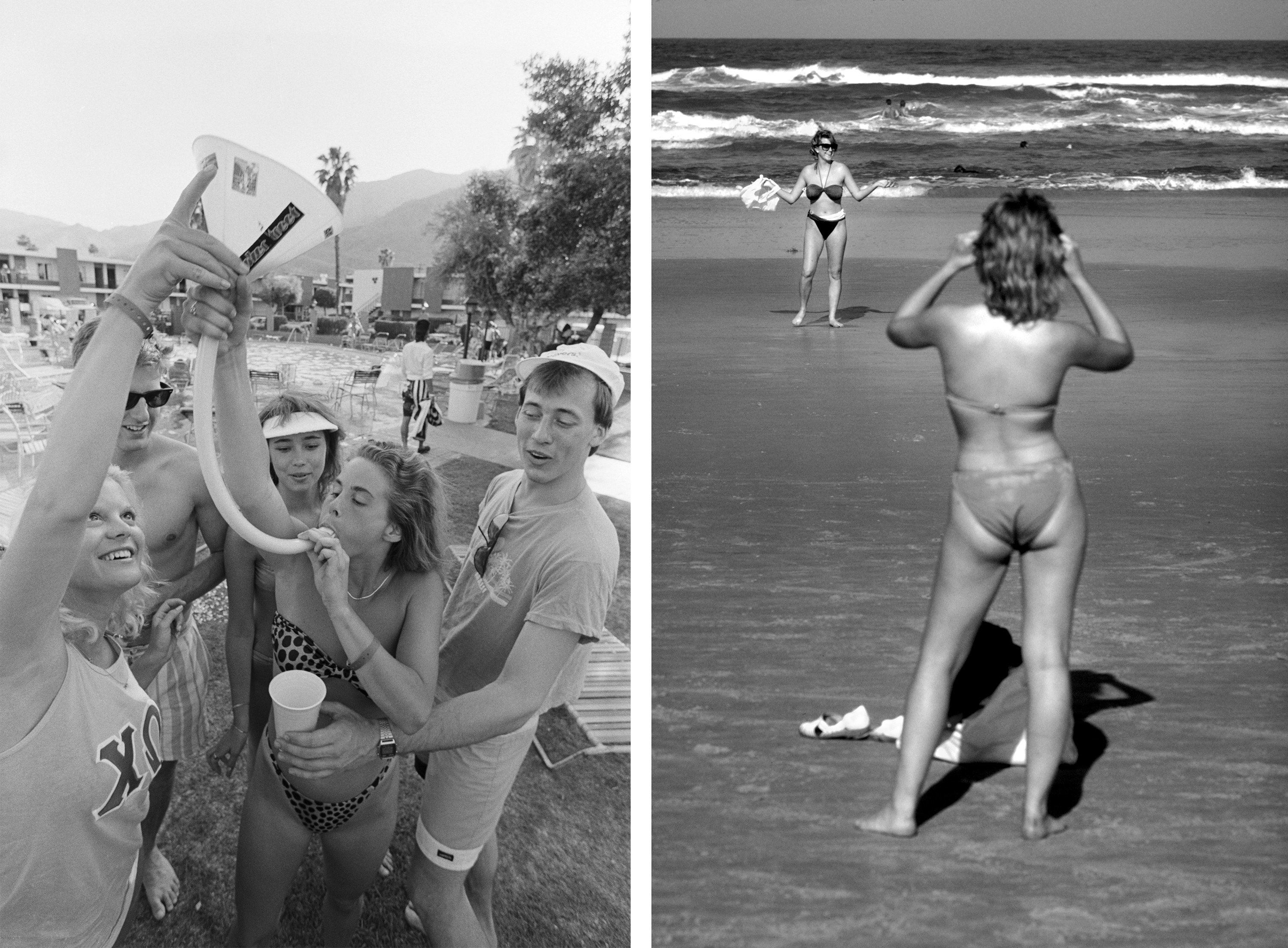 left, a woman with a beer bong surrounded by friends outside, right, one woman takes a picture of another on a beach 