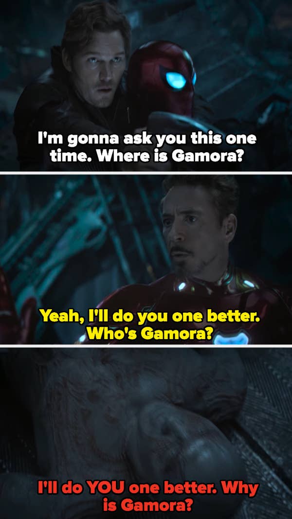 Star Lord pergunta onde está Gamora, Homem de Ferro pergunta quem é Gamora, Drax acrescenta por que está Gamora