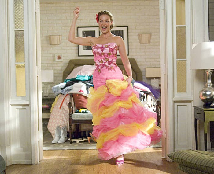 Katherine Heigl in a pink and yellow poofy bridesmaids dress