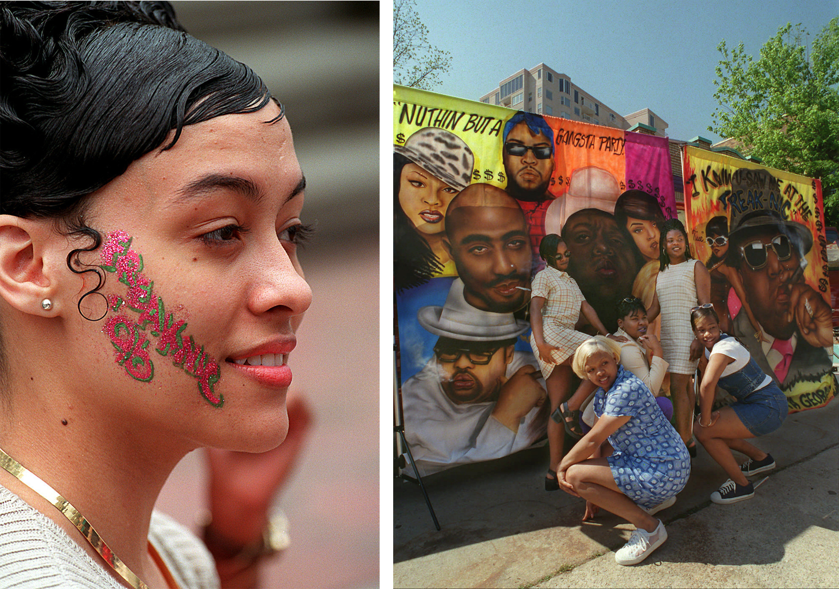 Left, a woman with Freaknik &#x27;96 painted on her face in glitter, and right, five women pose in front of art depicting tupac and other rappers