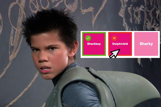 Taylor Lautner as Sharkboy in the movie Sharkboy and Lavagirl with a computer cursor selecting Dolphinkid as the right answer