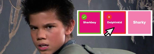 Taylor Lautner as Sharkboy in the movie Sharkboy and Lavagirl with a computer cursor selecting Dolphinkid as the right answer