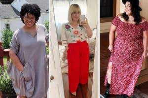 on the left a beige midi dress with pockets, in the middle a striped retro t-shirt, on the right a red and white floral maxi dress with a shirred top and two slits